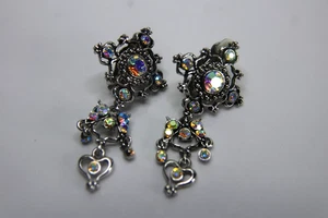 Orecchini pendenti clip-on tono argento strass aurora boreale vintage - Foto 1 di 3
