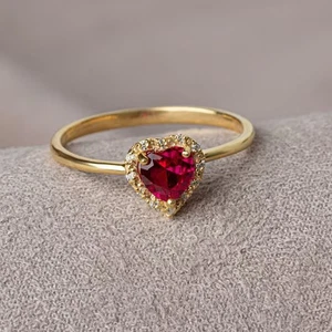 1.50 Ct Heart Shape Red Ruby Halo Wedding Engagement Ring 14K Yellow Gold Finish - Picture 1 of 9