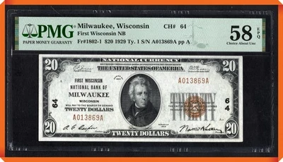 KC- Fr.1802-1 1929 $20  1st NB of Milwaukee , WI #64 - Choice AU 58 EPQ PMG - Image 1 of 3
