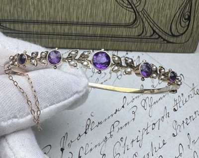 Armreif, 375 Gold, antik, um 1900 Jugendstil, England, Amethyst, Perlen, Armband - Bild 1 von 4
