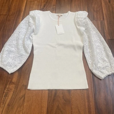 Skies Are Blue Women's Cream Knit Eyelet Lace 3/4 Sleeve Sweater Size Small NEW - Image 1 of 4