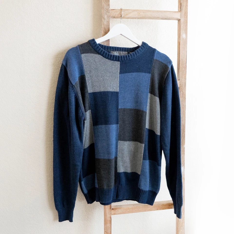 Suéter Oscar De La Renta Para Hombre Talla M Azul Gris Bloque de Color Algodón LS Cuello Redondo Foto 1 de 4