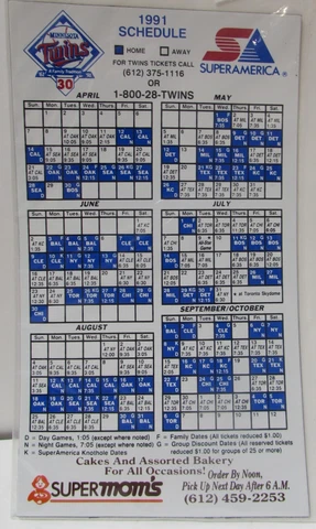 1991 Minnesota Twins Game Schedule Refrigerator Magnet! Cover