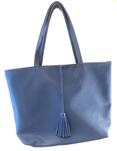 NWT Macy's Large Shopper Tote Bag Blue Faux Saffiano Leather  - Picture 1 of 8