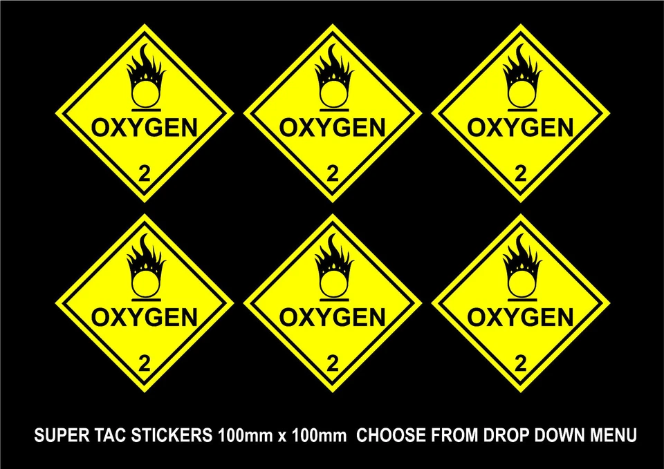OXYGEN super tac vinyl sticker 1, 2, 4, 6 or 8 warning hazard 100mm x 100mm