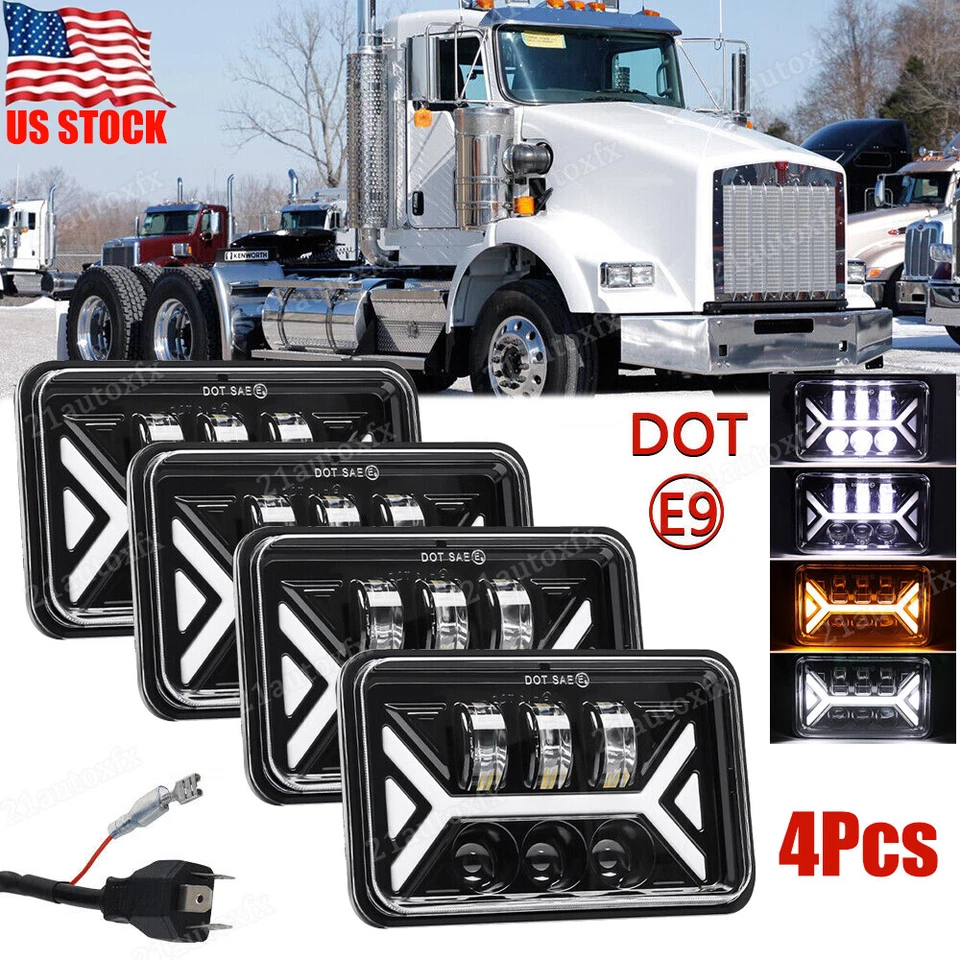 4PCS 4x6" LED Headlights Hi/Lo DRL For Kenworth W900 T400/800 Peterbilt 357 379 - Image 1 of 4