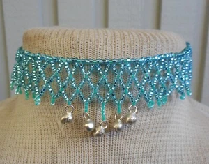 Netted Weave Beaded Choker Adjustable Necklace Aqua Blue Light Teal Silver Bells - Picture 1 of 10
