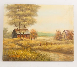 Pintura D Minchew Escena Bucólica con Granja Casa Cobertizo Granero Campos Dorados 16x20 (HSE2 - Imagen 1 de 12