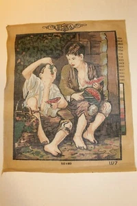 EMKA Vintage Needlepoint Canvas 100% Cotton 1.177 50x60 cm Boys Eating Fruit - Picture 1 of 3