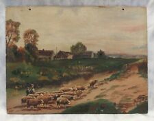 19th c. American Oil Painting of Herder and Livestock Rural Landscape  Ohio?