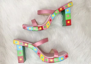 FENDI heels 38 pink 7.5 / 7 satin Strap Wooden Chunky Polka Dots Squares Green - Picture 1 of 5