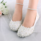 Ladies Lace Flower Wedding Formal Bridal Bridemaid Pump High Low Heel Flat shoes
