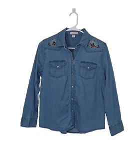 Coldwater Creek Western Denim Shirt Sz 12P Pearl Snap Button Embroidered Boho - Picture 1 of 16