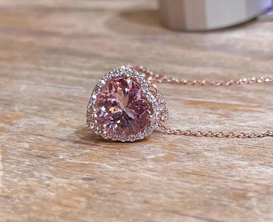 2Ct Heart Cut Morganite Promise Halo Pendant 14K Rose Gold Finish Free Chain - Image 1 of 4