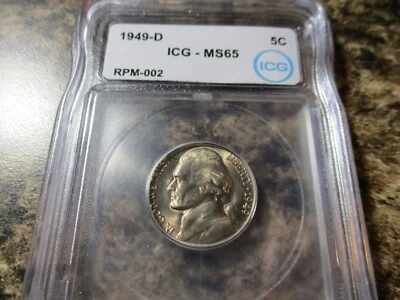 1949-D JEFFERSON NICKEL GEM BU RARE D OVER D RPM # 2 ICG MS65    301 - Image 1 of 4