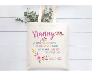 Personalisierte beige natürliche Tragetasche rosa Nanny Geschenk seit unserer Geburt geliebt - Bild 1 von 1