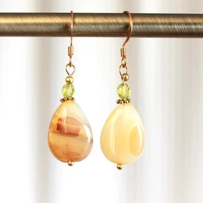 Серьги-капли ручной работы с желтыми полосками агат драгоценные камни богемное дерево коттедж фея - Изображение 1 из 3