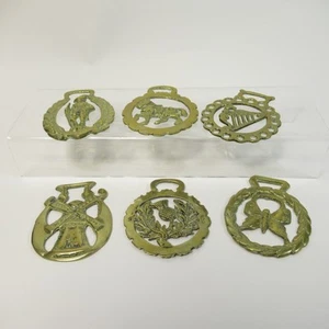 Horse Brasses Vintage x6 Robin Hood Thistle Windmill Harp Butterfly Shirehorse - Picture 1 of 12