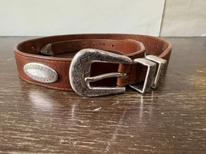 Vintage Brown Leather Silver Concho Cowgirl Western Belt Sz Small 32 Inch - Picture 1 of 10
