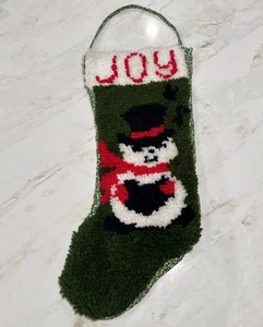Vintage Latch Hook Rug Christmas Stocking Joy Snowman Approx 25x10 Red Green - Picture 1 of 7