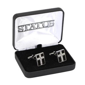 Stacy Adams Men’s Silver-Tone Cross Cufflinks with Black Enamel and Rhinestones - Picture 1 of 4