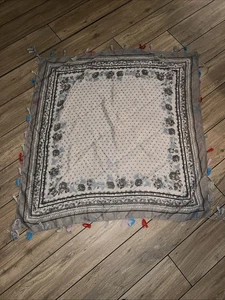 Damen Schal Quadrat 100 x 100 cm Blumen Bunt Fransen Grau Beige - Bild 1 von 1