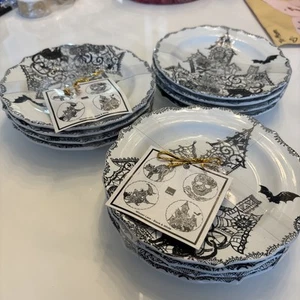 222 Fifth Wiccan Lace Plates Witch Skull Cat Haunted House Set of 12 Halloween - Picture 1 of 3