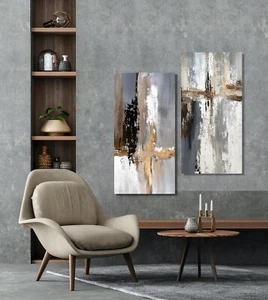 2er Set Textur Gemälde Abstrakt Handgemalt Gold Beige Wandbild Leinwand - Bild 1 von 19