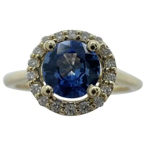 Vivid Bright Blue Ceylon Sapphire & Diamond Round Cut 18k Yellow Gold Halo Ring - Picture 1 of 10