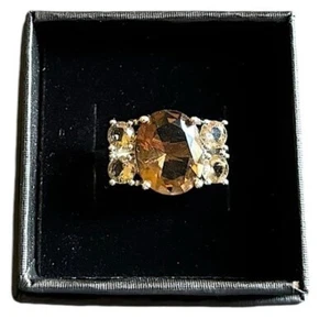 925 Sterling Silver & Smokey Quartz Ring Size 8.5 with 4 Yellow CZ Diamonds - Picture 1 of 8