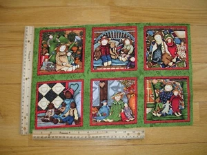 Folk Dolls And Friends Teddy Bears Flowers  Cotton Quilt Fabric Panel Blocks (6) - Picture 1 of 1