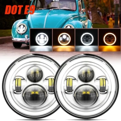 Round Headlight 7 inch LED Projector H4 Motorcycle Chrome For VW Beetle Classic - Image 1 of 4