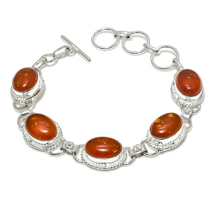 Pulseira de prata esterlina 925 feita à mão com pedra preciosa âmbar do Báltico tamanho 7-8"" - Imagem 1 de 1