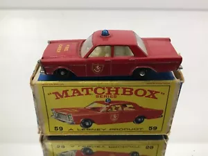 MATCHBOX LESNEY 59 FORD GALAXIE FIRE CHIEF CAR BPW -RED 3inch- GOOD IN BOX - 490 - Imagen 1 de 9