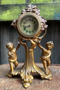 Antique Edwardian bronze cherubs mantel clock by New Haven art nouveau gilt gold - Picture 1 of 10