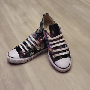 Sneakers basse Lantina donna 9 nere bianche ricamate floreali tela casual - Foto 1 di 8