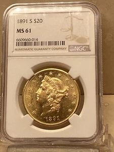 1891S $20 GOLD LIBERTY DOUBLE EAGLE NGC MS61 PL LIKE AMAZING LUSTER - Picture 1 of 4