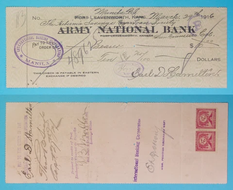 1916 Philippines ~ Manila PI $10 Check w/ 2 Centavos Stamps ~ Army National Bank Cover