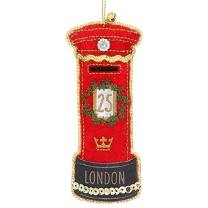 London Red Post Box Christmas Velvet Embroidered Decoration - Gisela Graham - Picture 1 of 1
