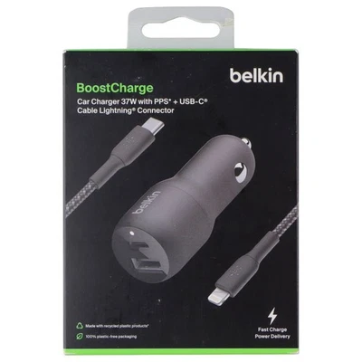 Belkin BoostCharge 37W USB-C/USB-A Car Charger w/ USB-C to 8-Pin Cable - Black - Image 1 of 2
