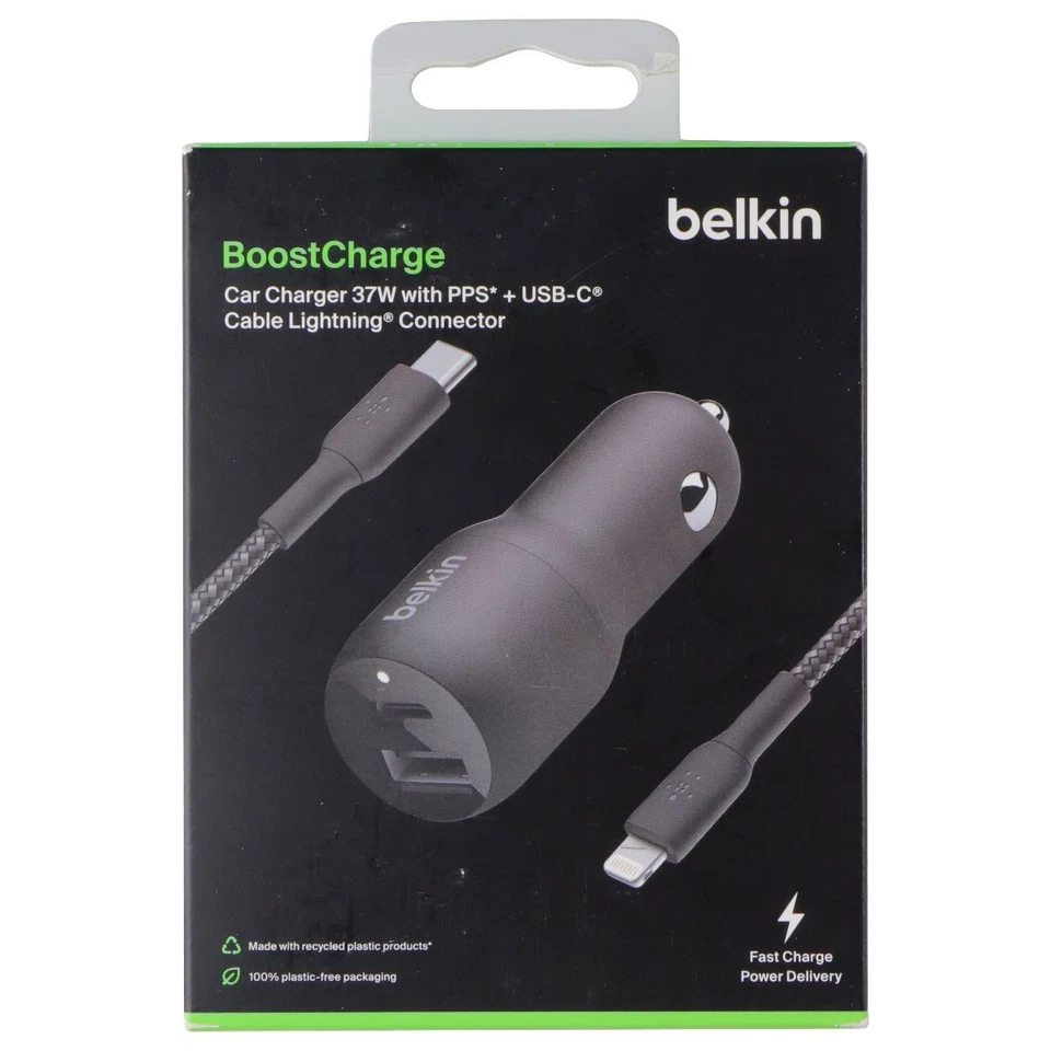 Belkin BoostCharge 37W USB-C/USB-A Car Charger w/ USB-C to 8-Pin Cable - Black - Image 1 of 2