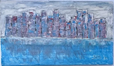 Original alte abstrakte  Komposition «Stadt», Öl auf Holz, signiert datiert 1974 - Bild 1 von 4