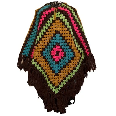 VTG Handmade Crochet Poncho Cape OS Granny Square Boho Festival Hippie Colorful - Image 1 of 4