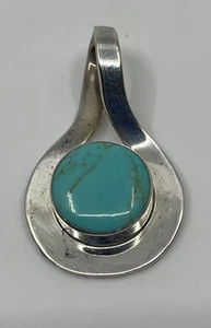 Vintage Mexico 925 Sterling Silver Turquoise Pendant Modernist Mid-Century Desig - Picture 1 of 4