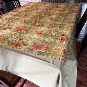 Vintage Green orange Shabby large daisies vintage tablecloth 90” X 85” - Picture 1 of 13