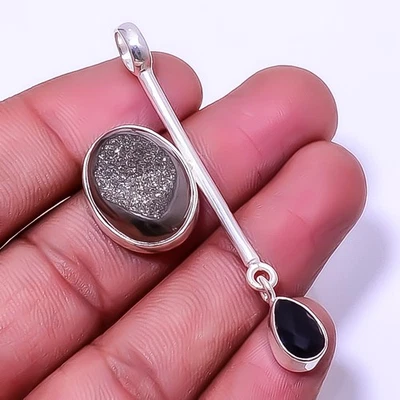 Colgante de plata de ley 925 con ágata de carbono y ónix negro de titanio 2,34" A333 Foto 1 de 4