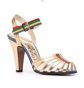 SALVATORE FERRAGAMO CREATIONS Sandals Red Gold/multicolour leather Luxe strappy - Picture 1 of 13