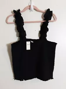 NWT Aerie Black Ruched Tube Tank Top Size S Smocked With Ruffle Straps - Picture 1 of 5