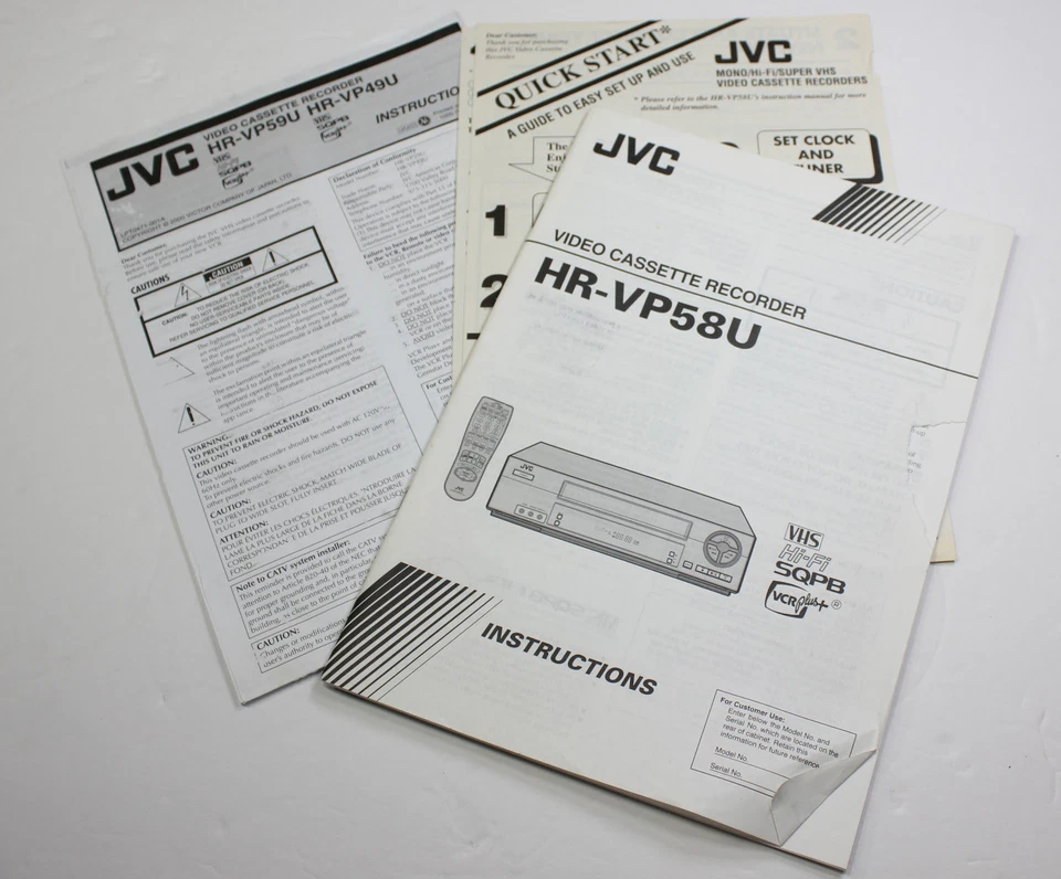 MANUAL ORIGINAL DEL PROPIETARIO y ARRANQUE RÁPIDO para GRABADORA VHS JVC HR VP58U VCR Foto 1 de 1