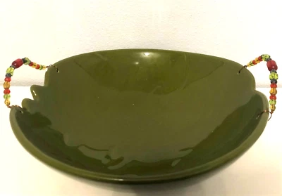 Casa Bella By Ganz Bowl Green 13" Wide 4" Tall Copper W/Colorful Beads Handles - Image 1 of 3